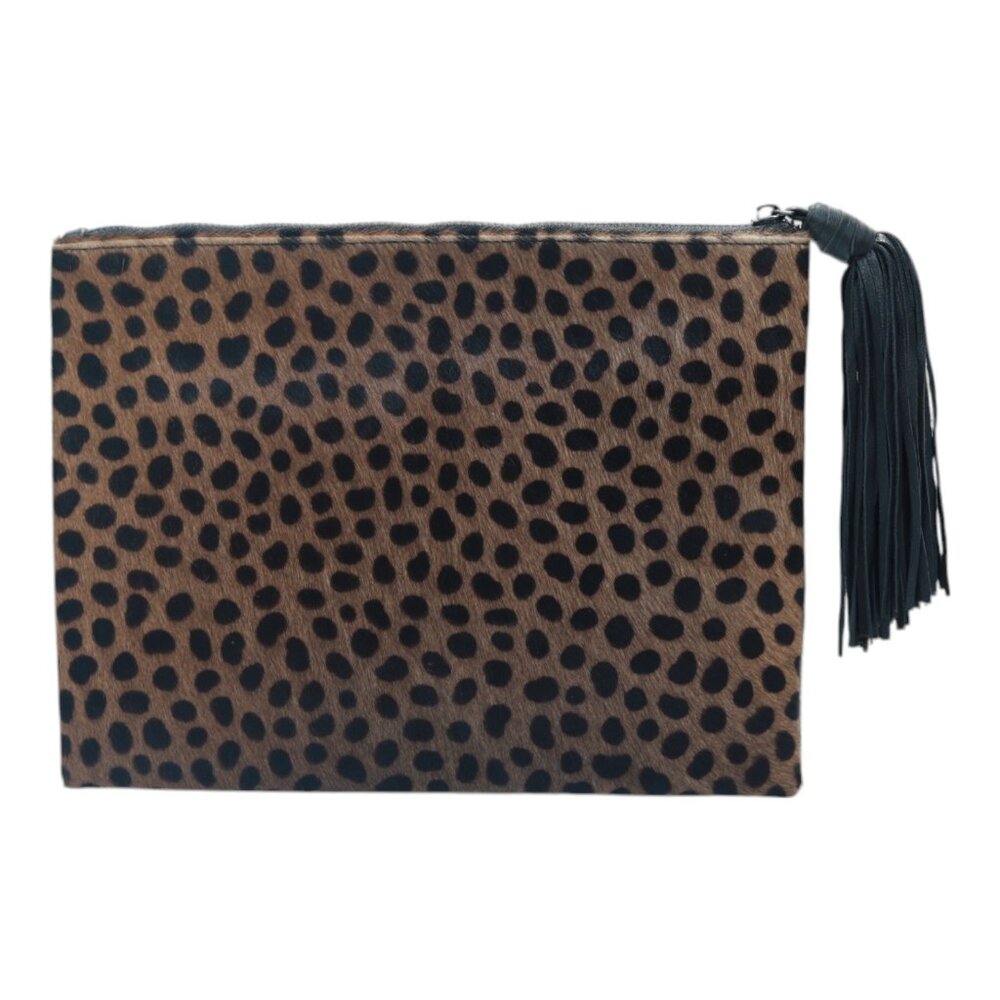 Wings Nora Calf Hair Leopard Print Leather Tassel Zipper Clutch Bag Handbag